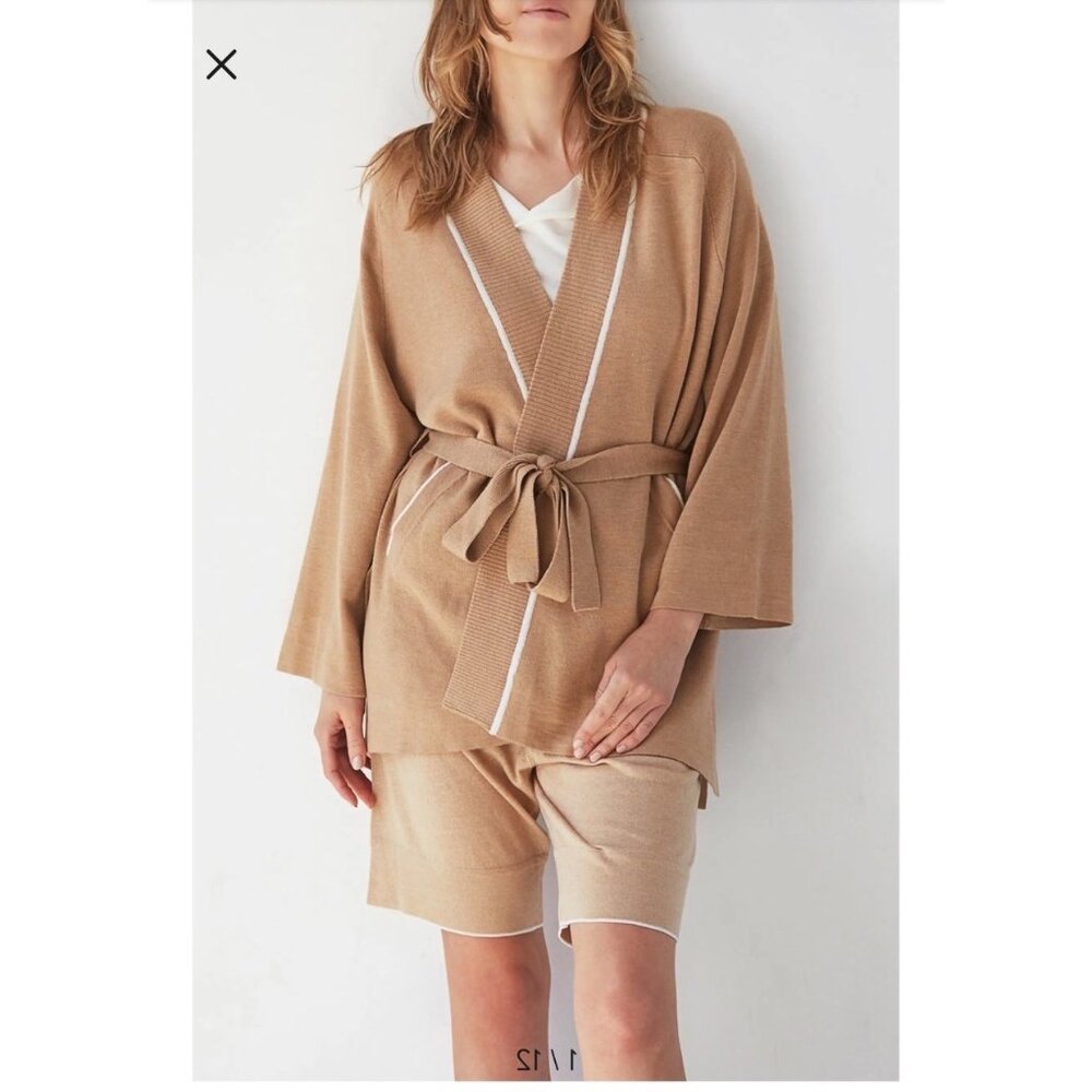 Oyun Womens Belted Kimono Cardigan Tan Size M 100% Merino Wool Ribbed Trim Contr